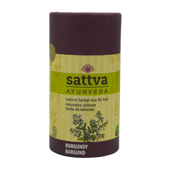 Sattva Ayurveda Burgundy, ziołowa farba do włosów w bordowym cylindrze z oliwkową etykietą.