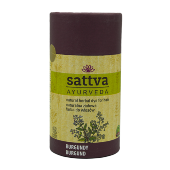 Sattva Ayurveda Burgundy, ziołowa farba do włosów w bordowym cylindrze z oliwkową etykietą.