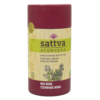 Sattva Ayurveda ziołowa farba do włosów Czerwone Wino w bordowym cylindrze, z etykietą i grafiką roślinną.