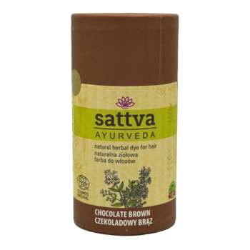 Sattva Ayurveda naturalna ziołowa farba do włosów, odcień czekoladowy brąz, w brązowym cylindrycznym opakowaniu.