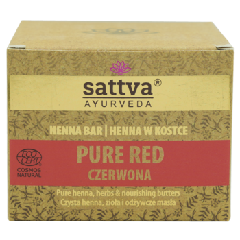 Sattva Henna Pure Red, brązowe opakowanie z czerwonym pasem, logo Ayurveda i certyfikatem ECOCERT, widok z przodu.
