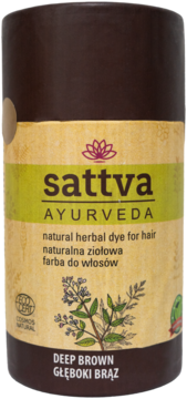 Sattva Ayurveda ziołowa farba Deep Brown, brązowe cylindryczne opakowanie z zielonymi akcentami, widok z przodu.