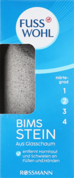 Fuss Wohl pumice stone from Rossmann, foam glass, hardness 2. Blue packaging, part of grey stone visible.