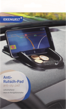 IDEENWELT czarna antypoślizgowa podkładka do auta, trzymająca smartfon z nawigacją i monety, widok z przodu.