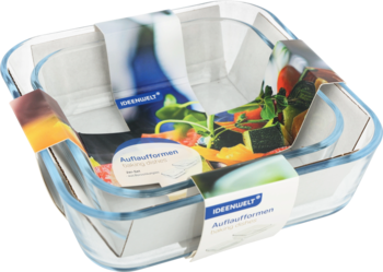 Zestaw dwóch kwadratowych, szklanych naczyń żaroodpornych z niebieskimi uchwytami, jedno w drugim, z etykietami.