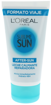 Biała tubka L'Oréal Paris Sublime Sun After-Sun Leche Calmant Reparadora, travel size, widok z przodu.