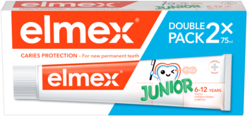 Dwupak Elmex Junior 6-12 lat, pasta do zębów w biało-pomarańczowym pudełku z niebieskim rogiem i zębem.