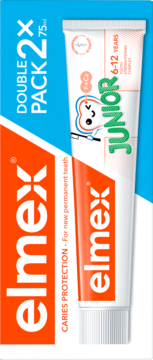 Pasta elmex Junior 6-12 lat w podwójnym opakowaniu 2x75ml, biała tuba i niebiesko-pomarańczowy kartonik, widok z przodu.