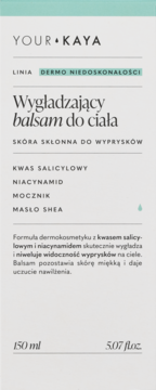 YOUR KAYA Wygładzający balsam do ciała 150ml do skóry z wypryskami, beżowe opakowanie z miętowym topem.