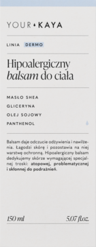 YOUR + KAYA Hipoalergiczny balsam DERMO 150ml z masłem shea i pantenolem, białe opakowanie, widok z przodu.