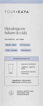 Your Kaya Hipoalergiczny balsam do ciała, białe opakowanie z napisem i składnikami aktywnymi, widok z przodu.