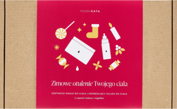 Zestaw do pielęgnacji ciała Your Kaya 'Zimowe otulenie' w brązowym pudełku z czerwoną opaską, widok z góry.