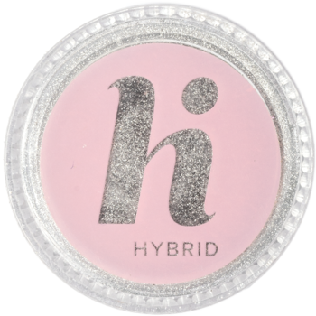 Okrągły słoiczek pyłku do paznokci Hi Hybrid Mirror Dust, różowo-srebrny brokat, logo 'hi'.