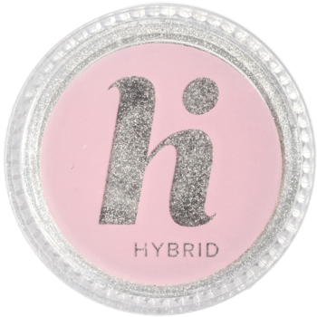Okrągły słoiczek pyłku do paznokci Hi Hybrid Mirror Dust, różowo-srebrny brokat, logo 'hi'.