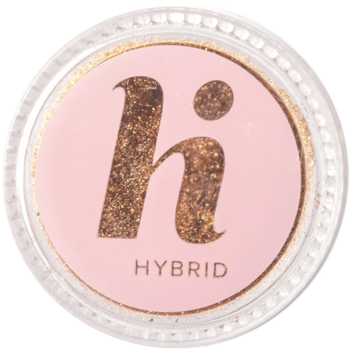 Okrągły słoiczek złotego pyłku Hi Hybrid Mirror Dust Gold, widok z góry, różowe wieczko z logo 'hi'.
