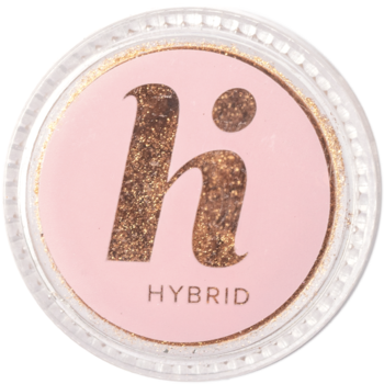 Okrągły słoiczek złotego pyłku Hi Hybrid Mirror Dust Gold, widok z góry, różowe wieczko z logo 'hi'.