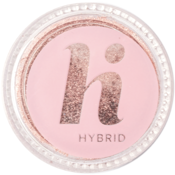 Hi Hybrid Mirror Dust rose gold nail powder in a clear pot, top view, with shiny H logo on pink label.