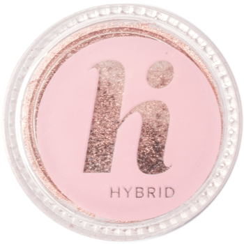 Hi Hybrid Mirror Dust rose gold nail powder in a clear pot, top view, with shiny H logo on pink label.