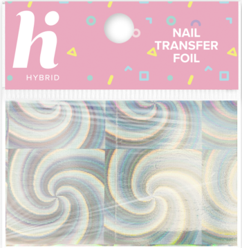 Holograficzna folia transferowa Hi Hybrid do paznokci w różowym opakowaniu z błyszczącymi, iridescentnymi spiralami.