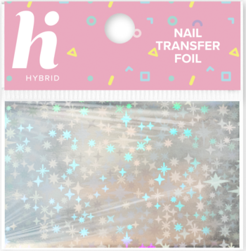 Srebrna folia transferowa Hi Hybrid do paznokci, holograficzny efekt gwiazdek, w opakowaniu, widok z przodu.