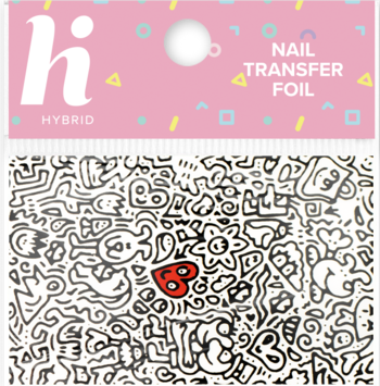 Frontal view: Hi Hybrid nail transfer foil with intricate black and white comic doodles and a red heart, pink packaging.