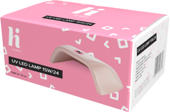 Różowe opakowanie lampy Hi Hybrid UV LED 15W/24, z wizualizacją beżowej lampy na froncie.