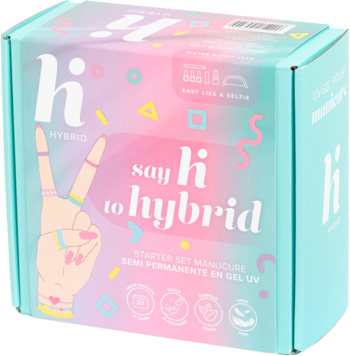Hi Hybrid zestaw startowy do manicure, jasnoniebieskie pudełko z kolorową grafiką dłoni, widok z przodu.