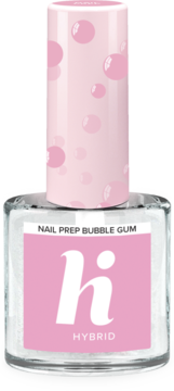 Odtłuszczacz Hi Hybrid Nail Prep Bubble Gum w przezroczystej butelce, różowa etykieta, różowa zakrętka w bąbelki, widok z przodu.