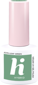 Zielony lakier hybrydowy Hi Hybrid Leaf Green #370, biała butelka z zielonym panelem i różową nakrętką.
