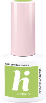 Biała butelka zielonego lakieru hybrydowego Hi Hybrid #371 Spring Grass, z różową zakrętką, widok z przodu.