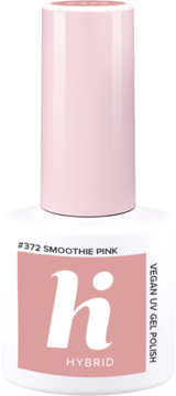 Hi Hybrid lakier hybrydowy #372 Smoothie Pink, biała butelka z różową etykietą i nakrętką, widok z przodu.