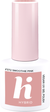 Hi Hybrid lakier hybrydowy #372 Smoothie Pink, biała butelka z różową etykietą i nakrętką, widok z przodu.
