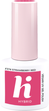 Lakier hybrydowy Hi Hybrid #374 Strawberry Red, biała butelka z różową nakrętką i fuksjową etykietą, widok z przodu.