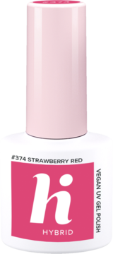 Lakier hybrydowy Hi Hybrid #374 Strawberry Red, biała butelka z różową nakrętką i fuksjową etykietą, widok z przodu.