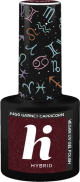 Brokatowy lakier hybrydowy Hi Hybrid Garnet Capricorn, bordo z brokatem, butelka ze znaki zodiaku.