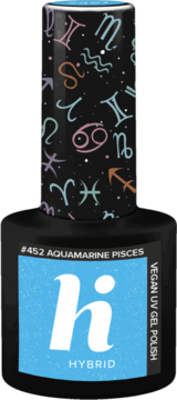 Hi Hybrid wegański lakier hybrydowy UV Aquamarine Pisces, czarna butelka, niebieska etykieta, znaki zodiaku.