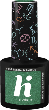 Butelka lakieru hybrydowego Hi Hybrid #454 Emerald Taurus, zielony brokat, zakrętka ze znakami zodiaku.