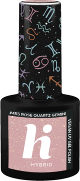 Lakier hybrydowy Hi Hybrid #455 Rose Quartz Gemini, brokatowy róż, czarna butelka, zodiakalna nakrętka.