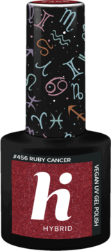 Lakier hybrydowy Hi Hybrid #456 Ruby Cancer w brokatowej, czerwonej butelce z nakrętką ze znakami zodiaku.