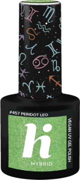 Brokatowy lakier Hi Hybrid Peridot Leo w czarnej butelce z zieloną etykietą i nakrętką ze znakami zodiaku.