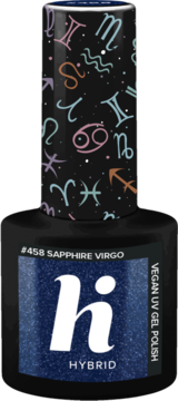 Granatowy lakier hybrydowy Hi Hybrid #458 Sapphire Virgo z brokatem, wieczko z kolorowymi znakami zodiaku.