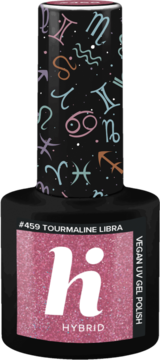 Brokatowy lakier Hi Hybrid #459 Tourmaline Libra w różu, z zodiac na zakrętce, widok z przodu.