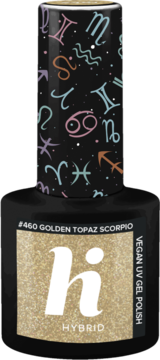 Złoty lakier hybrydowy Hi Hybrid Golden Topaz Scorpio, butelka z brokatem i zodiakalną nakrętką, widok z przodu.