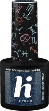 Lakier hybrydowy Hi Hybrid Sodalite Sagittarius #461, ciemnoniebieski z brokatem, butelka z nakrętką w znaki zodiaku.