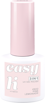 Lakier hybrydowy Hi Hybrid Easy 3w1 Pink Lemonade, w białej butelce z różową nakrętką, widok z przodu.