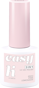 Lakier hybrydowy Hi Hybrid Easy 3w1 Pink Lemonade, w białej butelce z różową nakrętką, widok z przodu.