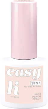 Lakier hybrydowy Hi Hybrid Easy 3in1 #603 Peach Peace w białej butelce z brzoskwiniową zakrętką, widok z przodu.