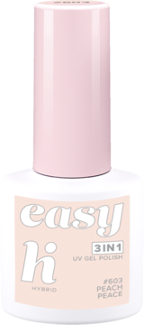 Lakier hybrydowy Hi Hybrid Easy 3in1 #603 Peach Peace w białej butelce z brzoskwiniową zakrętką, widok z przodu.