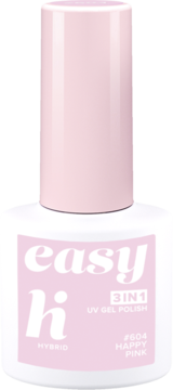 Biała butelka lakieru hybrydowego Hi Hybrid Easy 3w1 w odcieniu Happy Pink, widok z przodu.