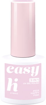 Biała butelka lakieru hybrydowego Hi Hybrid Easy 3w1 w odcieniu Happy Pink, widok z przodu.
